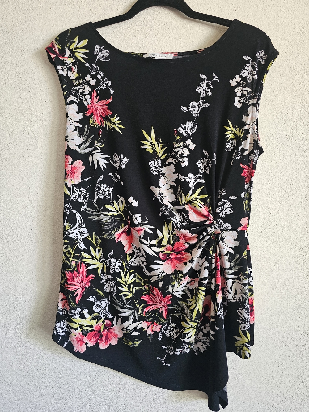 White House Black Market Black Floral Side-Knot Tank Top